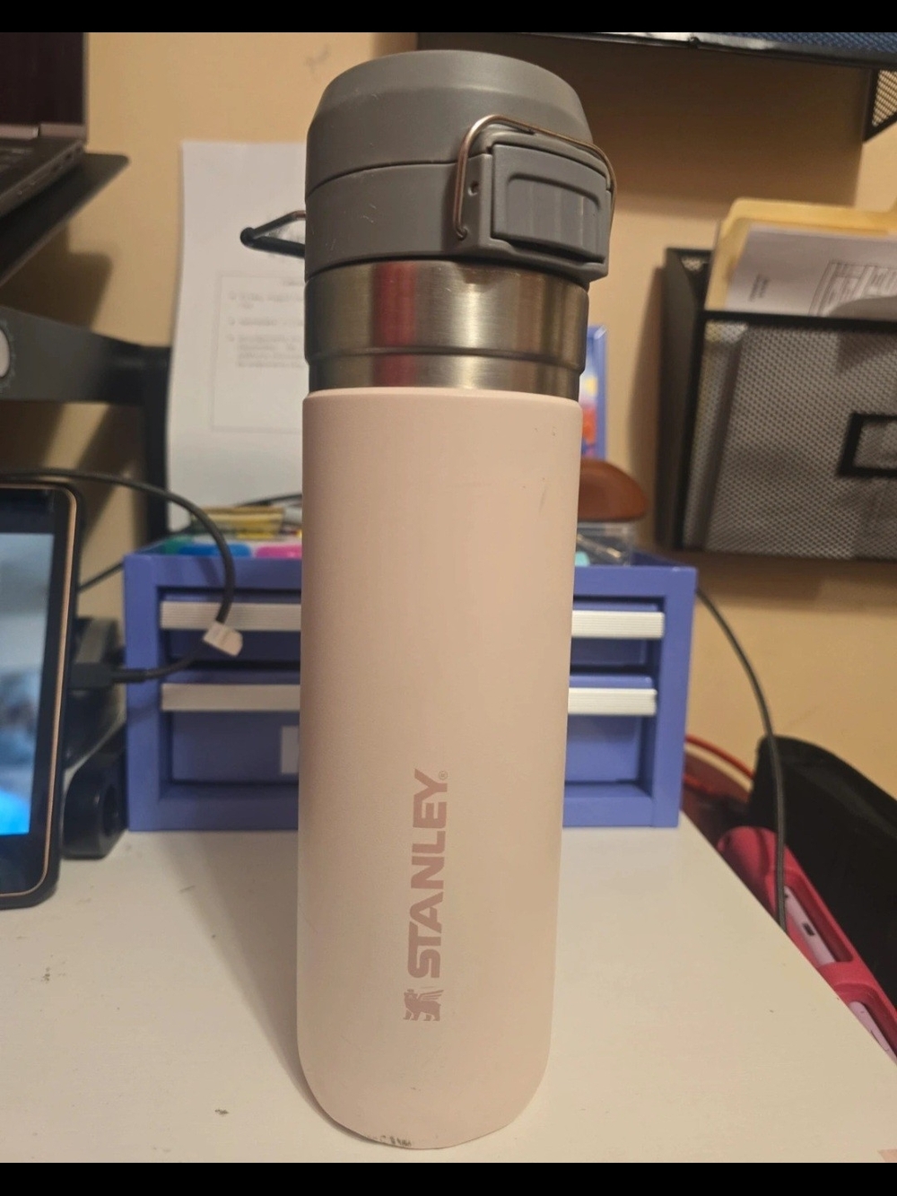 Stanley Pink Stainless Steel Travel Bottle with Gray Lid